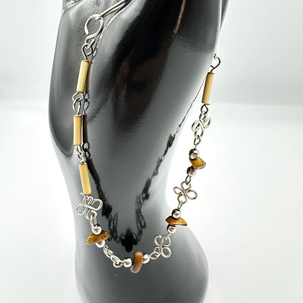 Vintage Silver Tone Wire Bow Link Tiger Eye Chip Bamboo Tube Bead Chain Bracelet